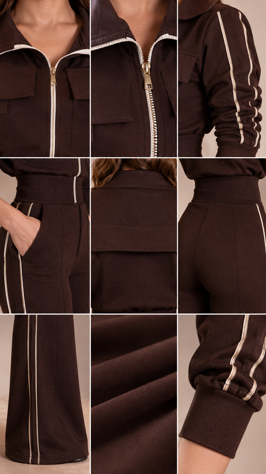 Close-up details of collar, zipper, chest pockets, waist, and cuff construction