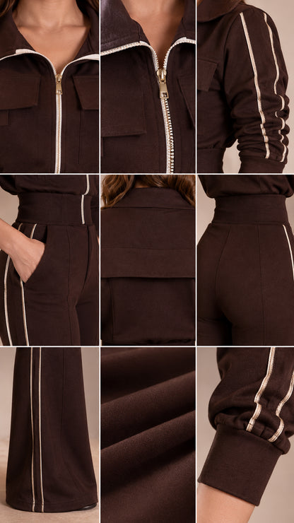 Close-up details of collar, zipper, chest pockets, waist, and cuff construction