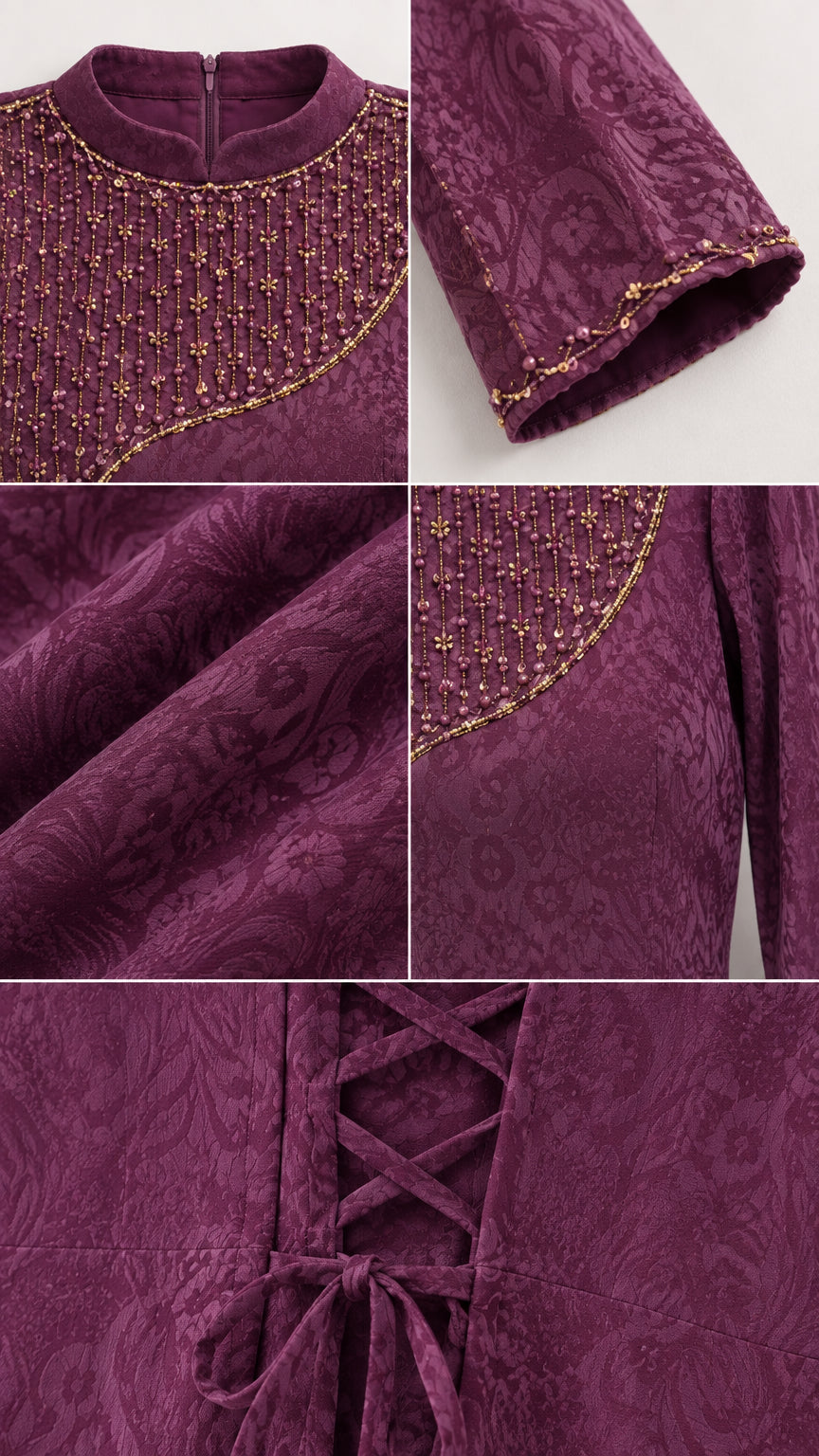 Detailed close-ups of beaded neckline, cuffs, fabric texture, and back corset tie