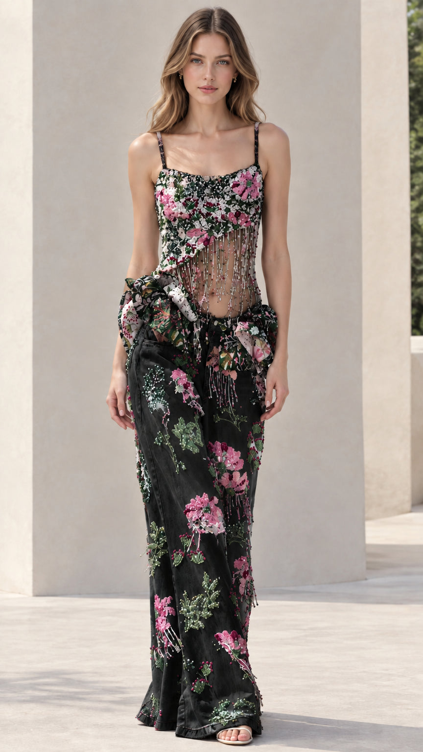 Black floral beaded cami top and matching embellished wide leg pants two-piece set