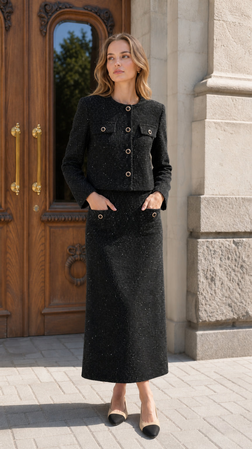 Woman wearing black tweed cropped jacket and matching maxi skirt set