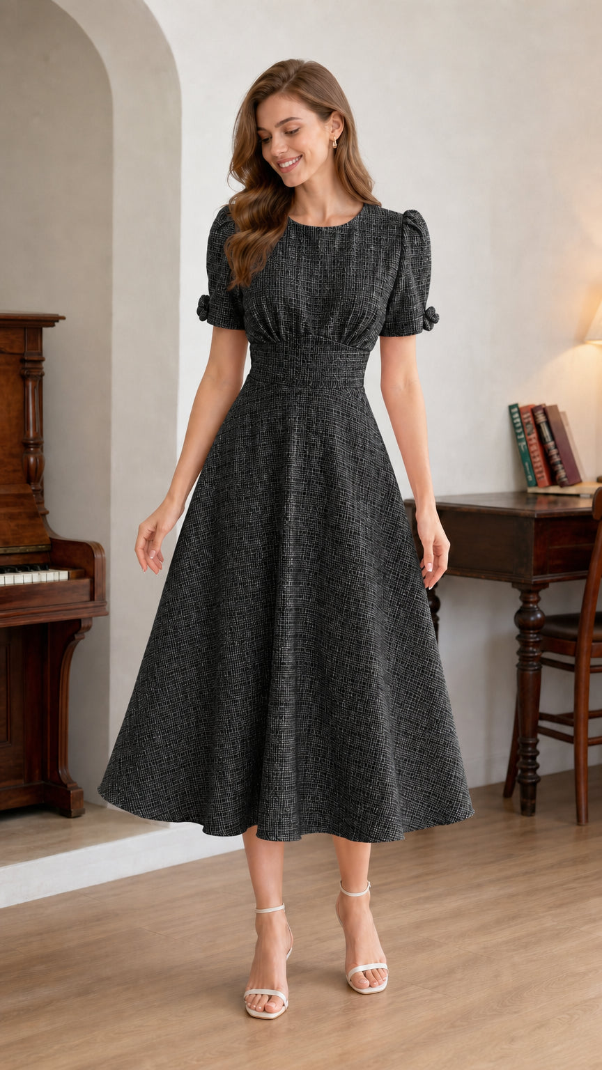 Woman wearing black textured short-sleeve A-line midi dress front view