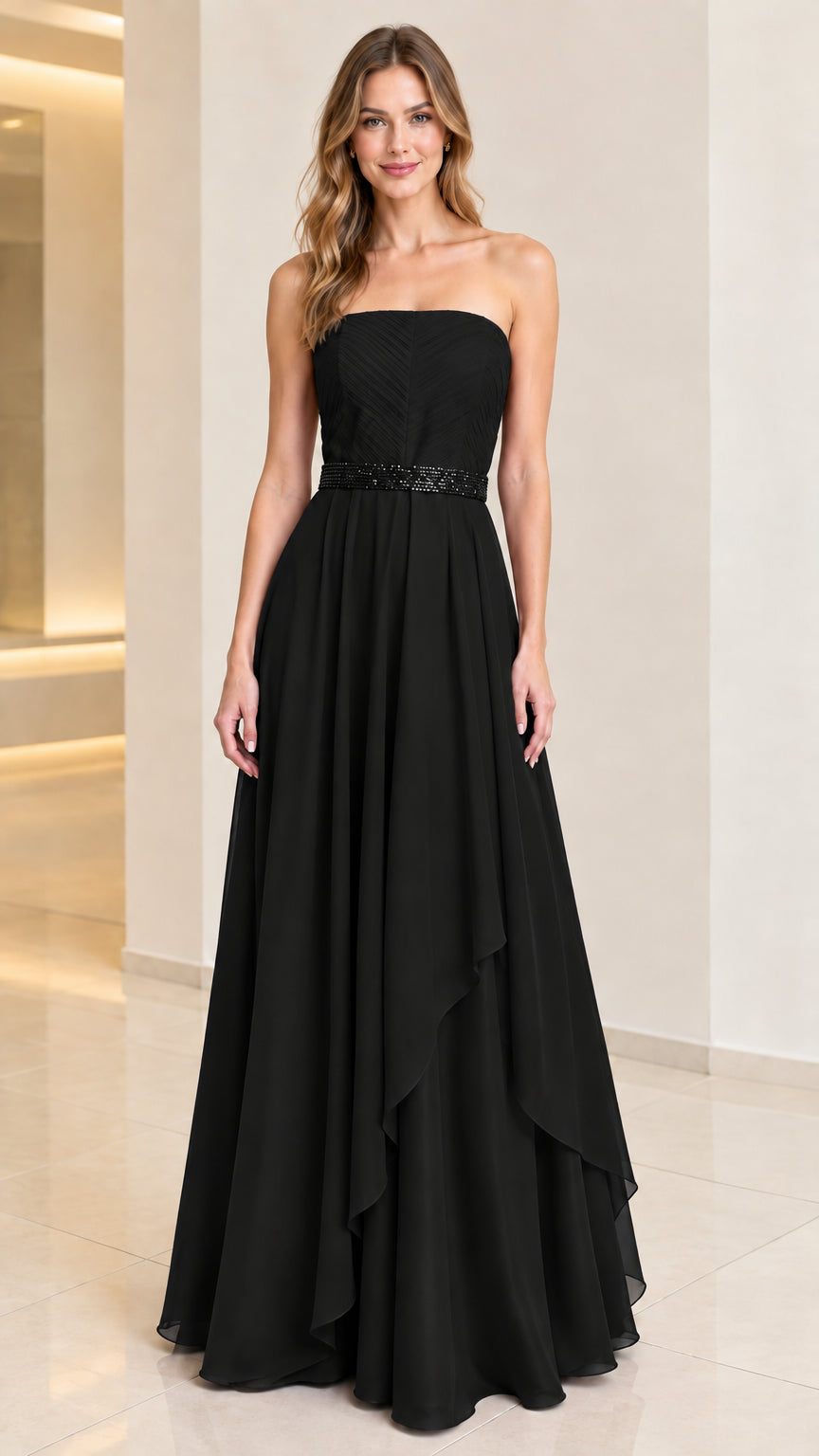 Front view of woman wearing classic black strapless formal maxi dress