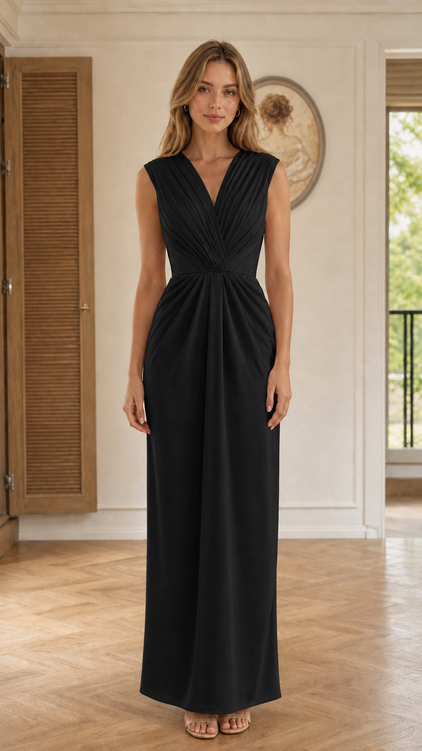 Front view of Black sleeveless pleated V-neck maxi dress