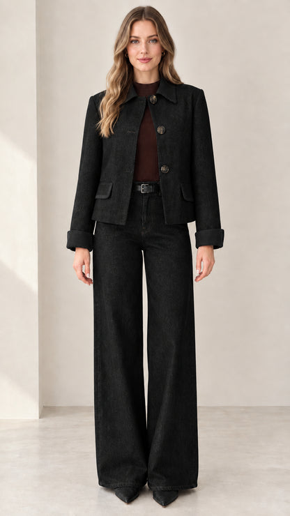 Model wearing Black two-piece denim jacket and wide-leg trousers set