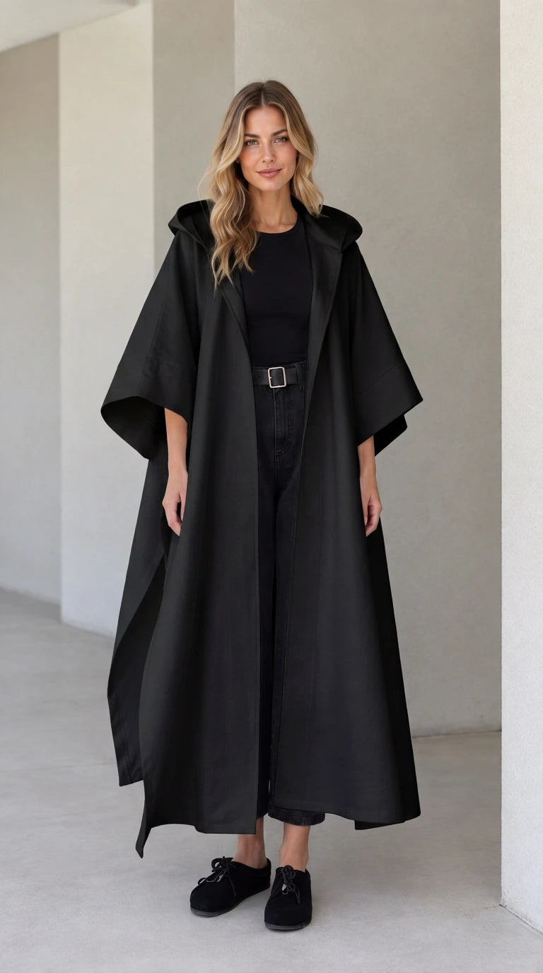 Model wearing black hooded maxi canvas cape coat with open front