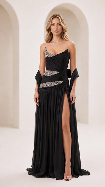 Black strapless evening gown front view