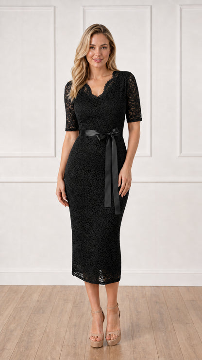 Front full view of black lace midi dress with satin belt