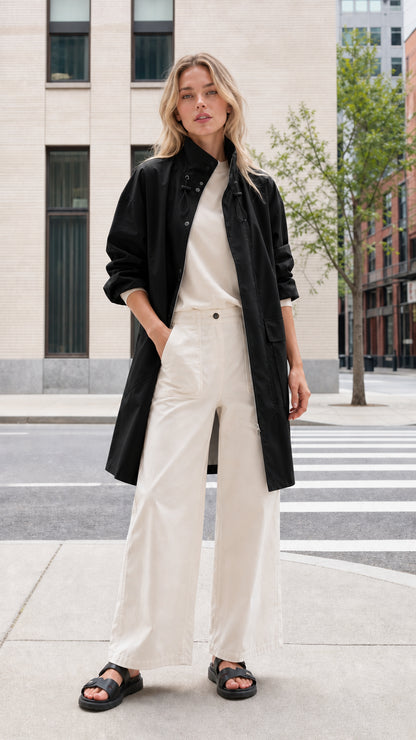 Front view of woman wearing black mid-length utility parka coat