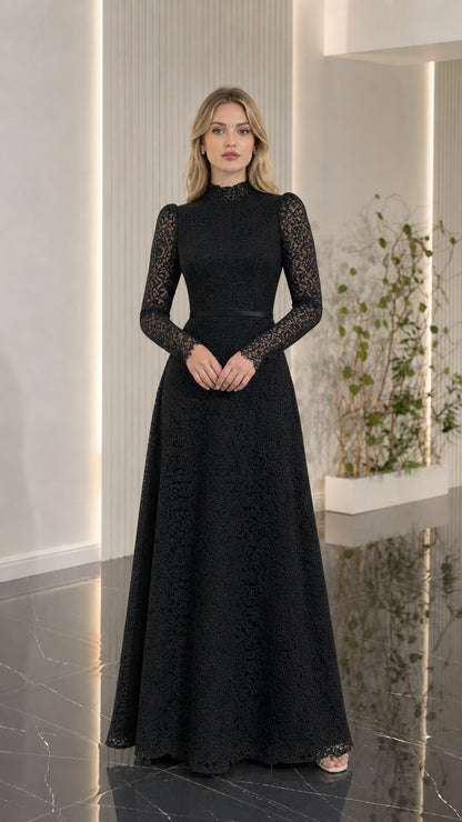 Full-length view of black long sleeve lace evening dress