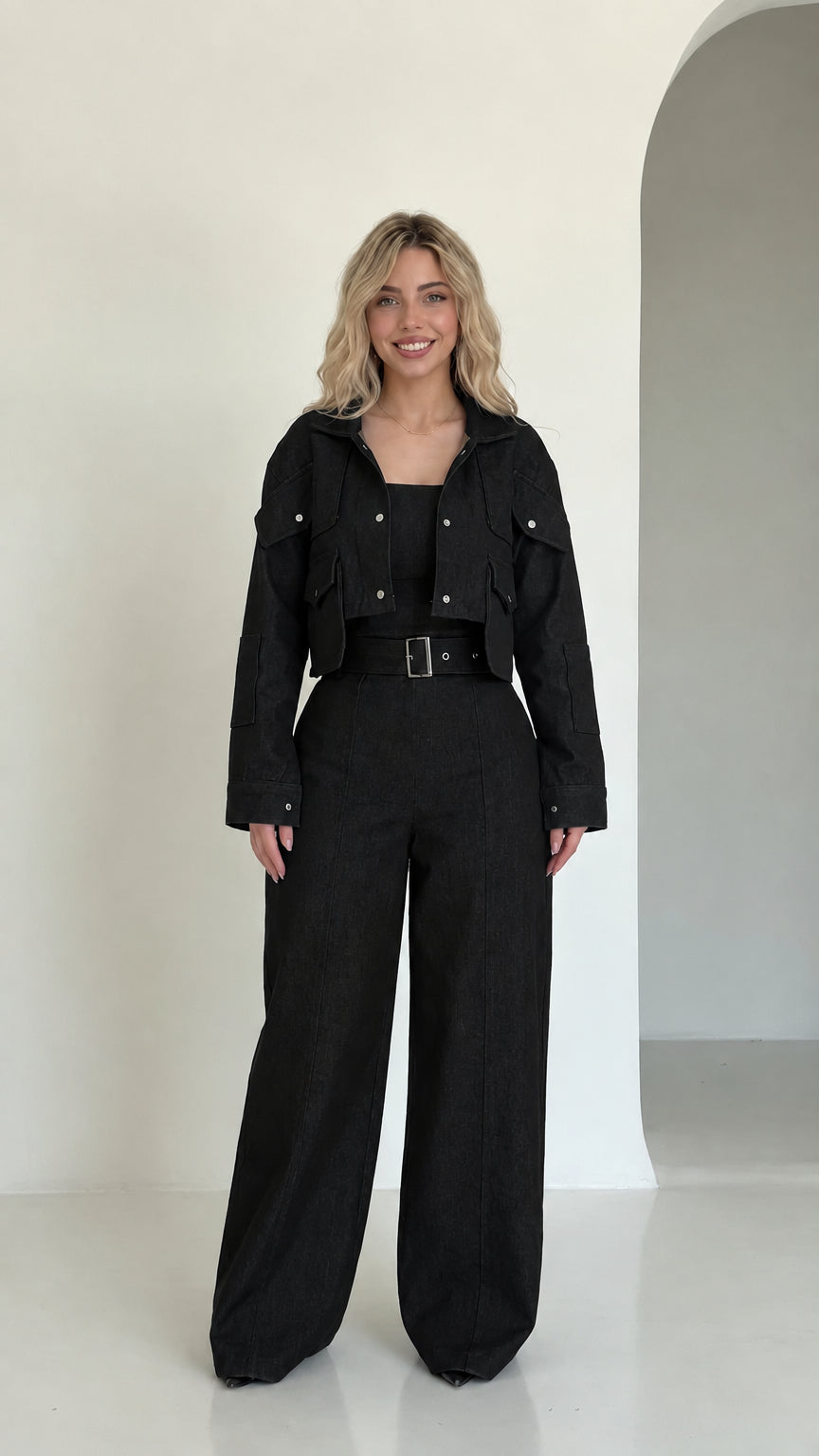 Full front view of black cropped utility jacket and wide-leg pant set