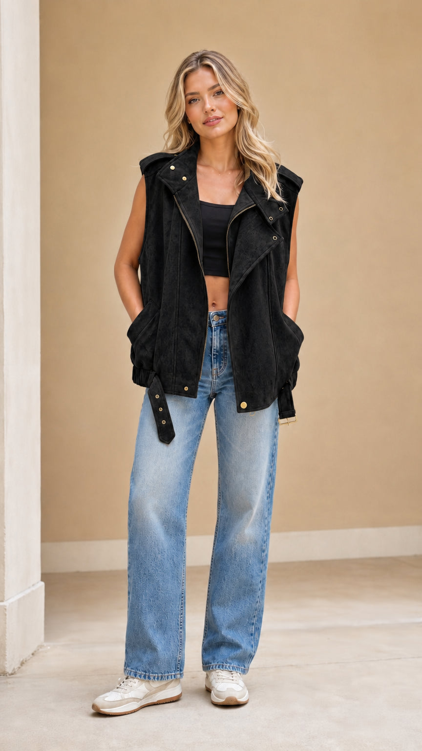 Model wearing black faux suede sleeveless moto biker vest with blue jeans