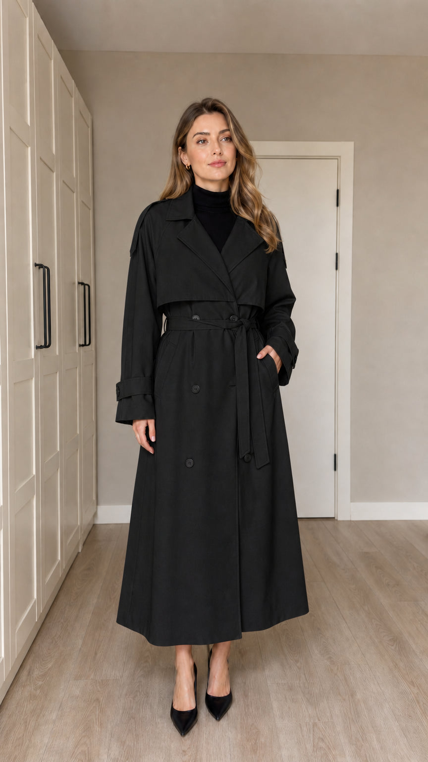 Front full-length view of woman wearing Black double-breasted maxi trench coat with belt