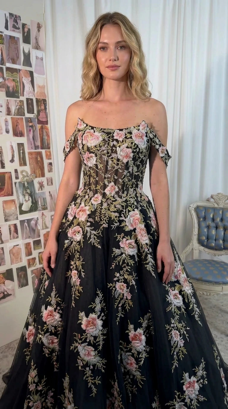Front view of Black floral embroidered off-the-shoulder formal evening dress