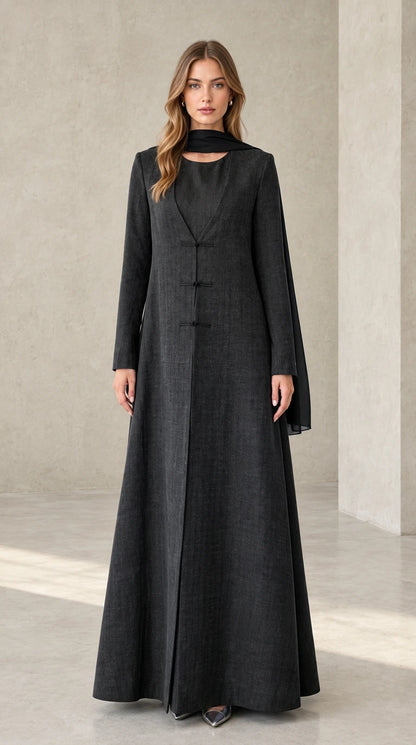 Charcoal black textured long sleeve maxi dress with matching scarf