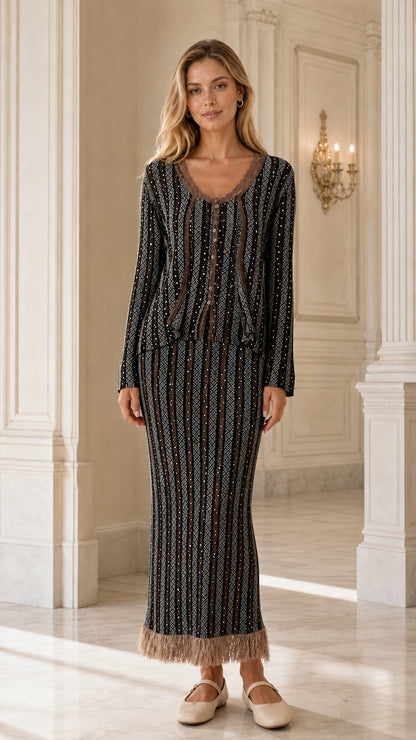 Full front view of model wearing black and gold striped sequin knit set