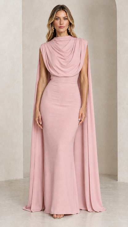 Front view of model wearing the dusty pink draped cowl neck cape evening gown