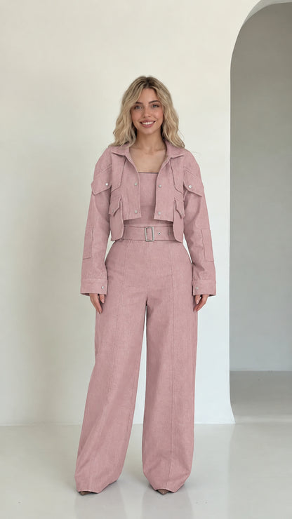 Full front view of dusty pink cropped utility jacket and wide-leg pant set