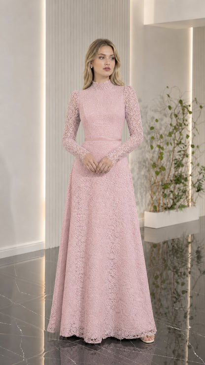 Full-length view of dusty pink floral lace maxi gown