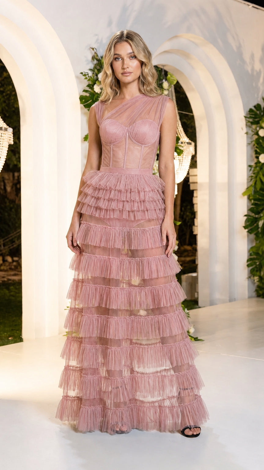 Front view of dusty rose one-shoulder corset tiered tulle maxi gown