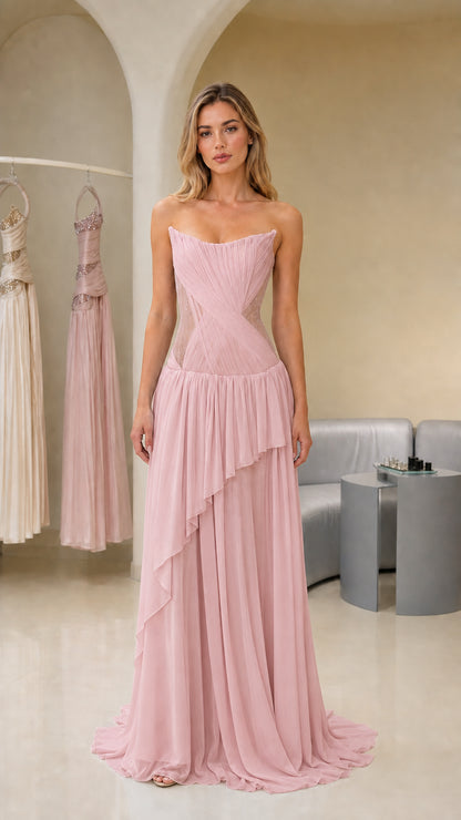 Front view of pink strapless evening gown