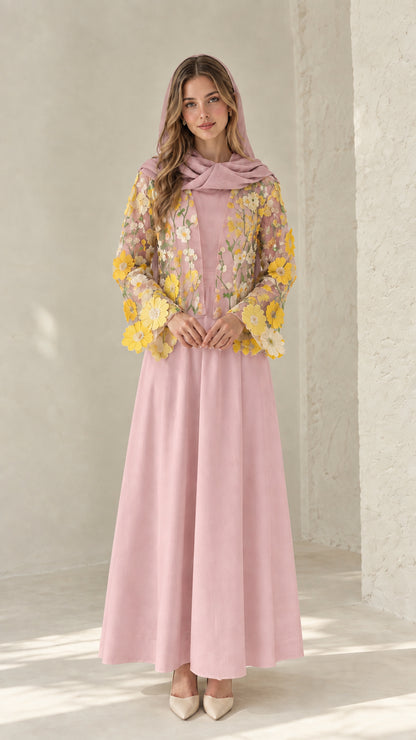 Soft pink maxi dress set with yellow floral lace overlay and matching pink scarf
