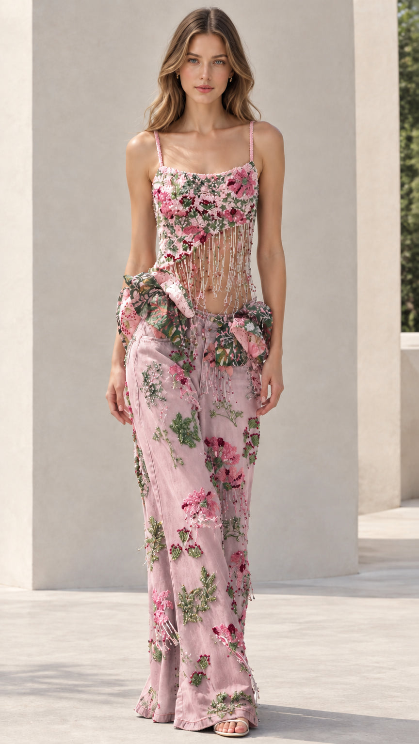 Pink floral embellished cami top and wide leg pant matching set
