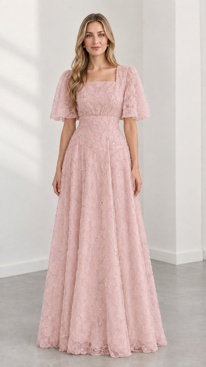 Full-length blush pink embroidered lace flutter sleeve A-line maxi dress