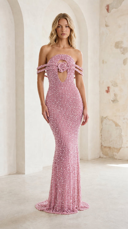 Pink embellished off-the-shoulder evening gown front view