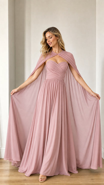 Front view of dusty rose evening dress with attached cape