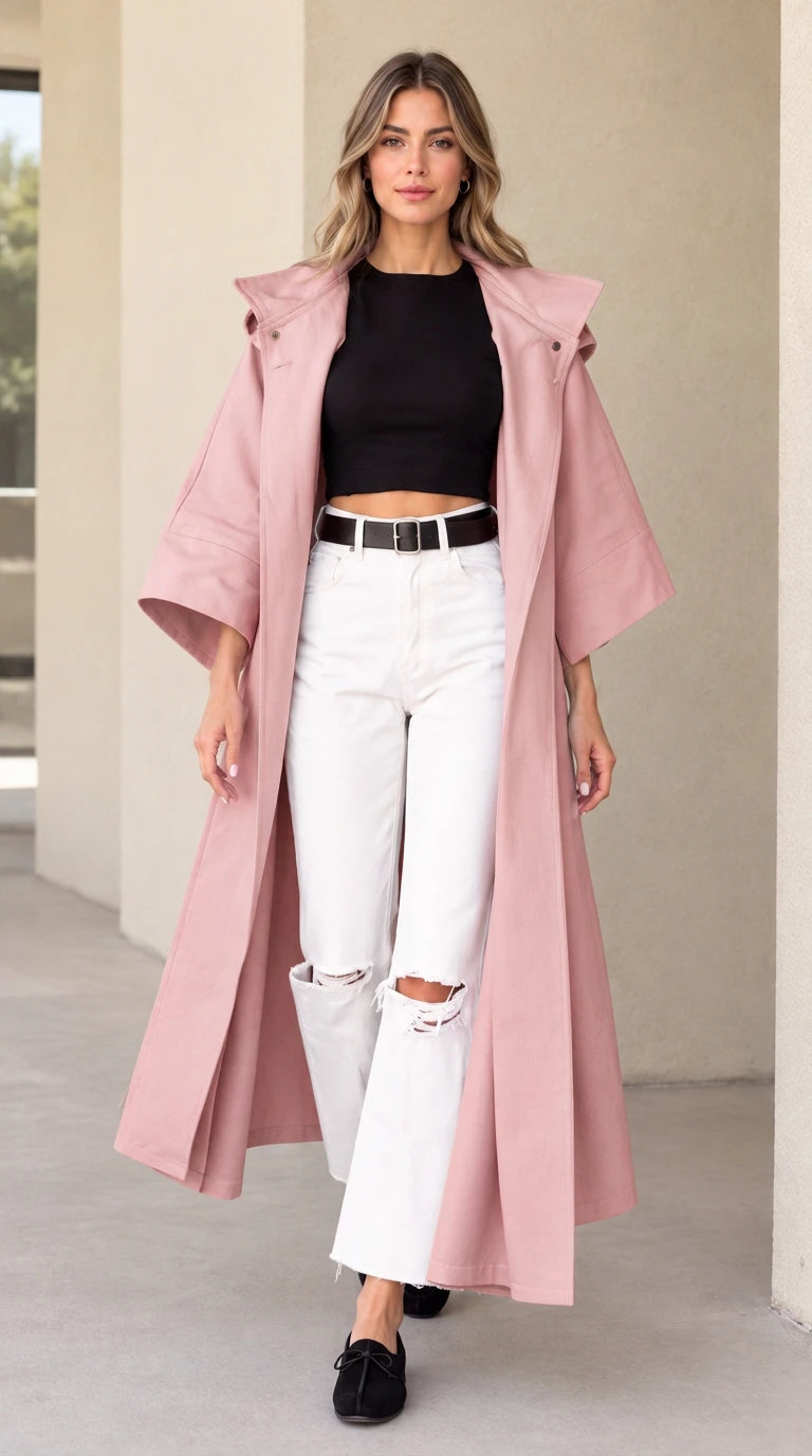 Front view of woman wearing dusty pink hooded maxi duster coat