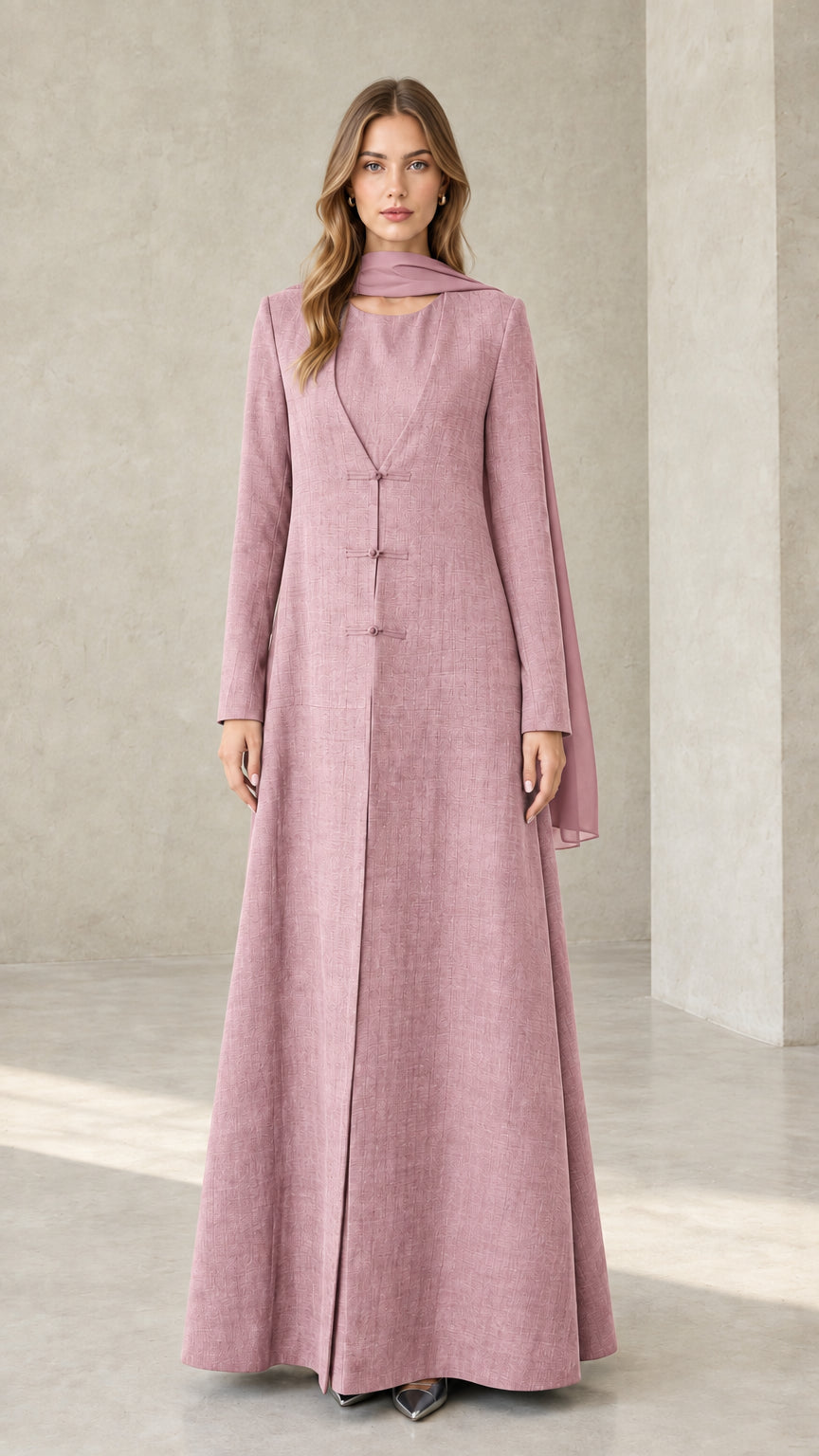 Dusty Rose pink textured long sleeve maxi dress with matching scarf