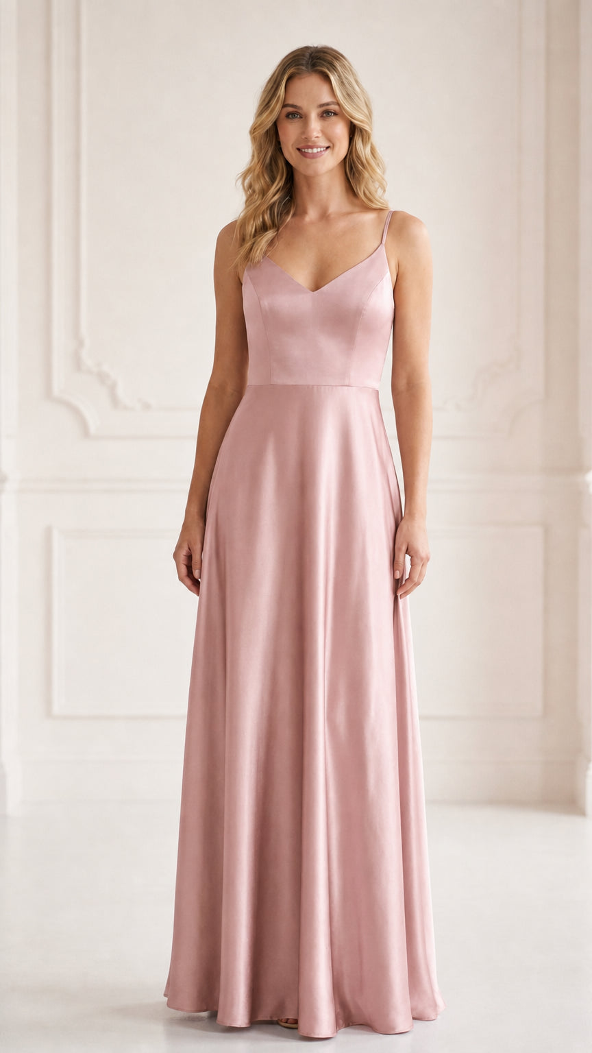 Front view of model wearing dusty rose pink satin maxi bridesmaid dress