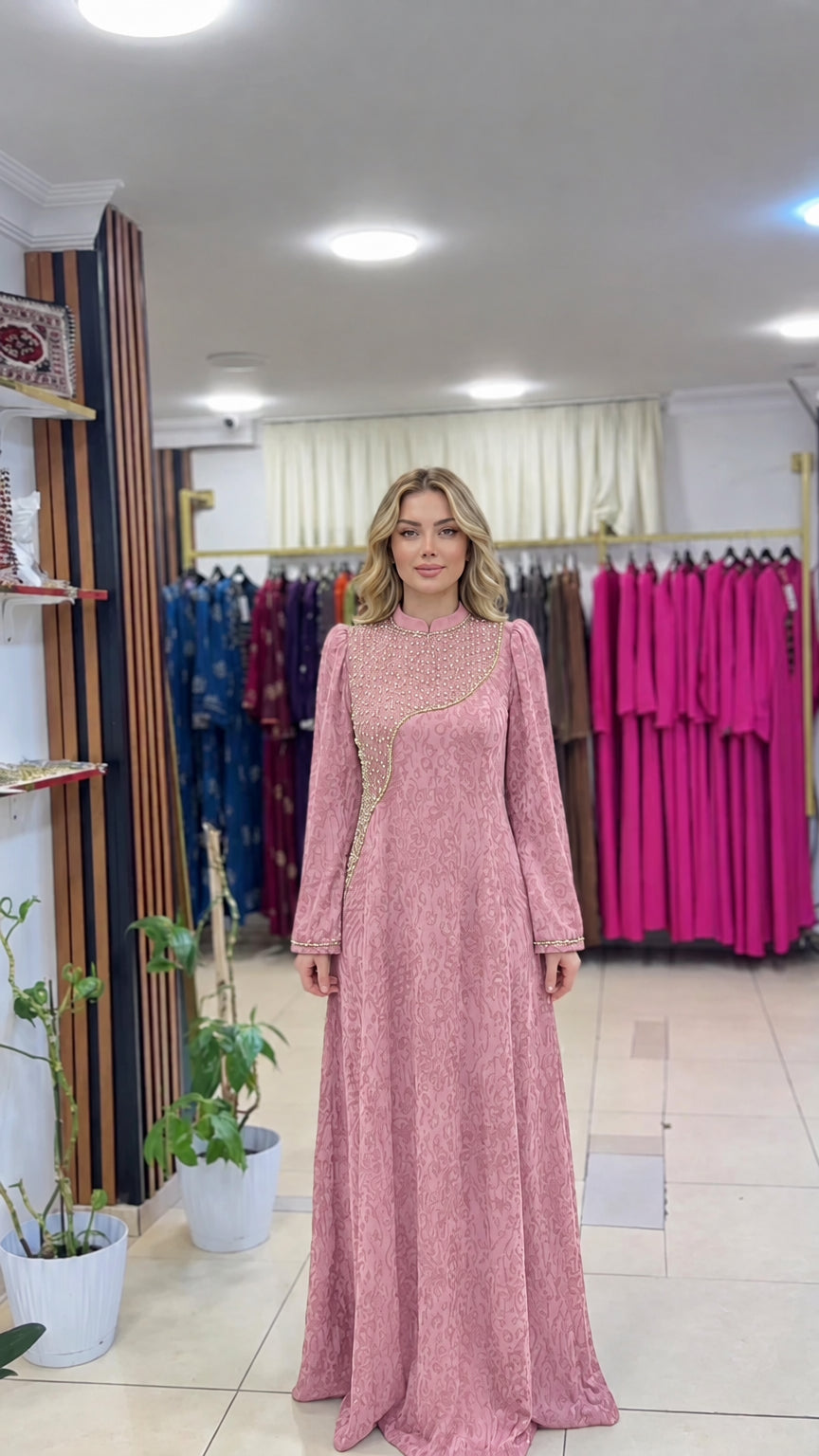 Full-length front view of the dusty pink jacquard beaded maxi dress