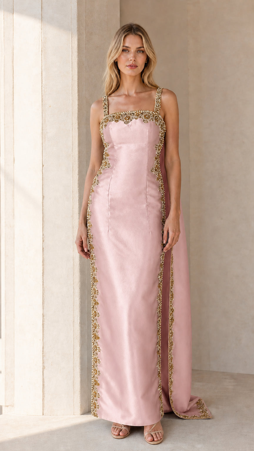 Front view of Pink embellished cape maxi dress