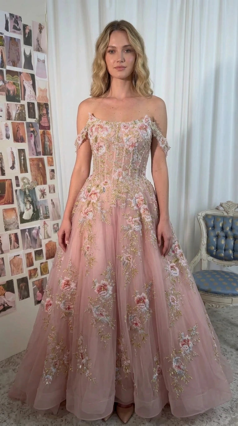 Front view of Blush Pink embroidered corset tulle ball gown