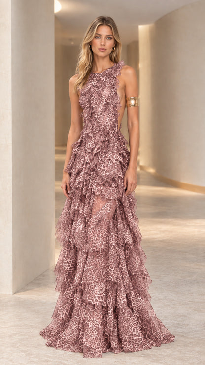 Dusty Rose pink leopard print tiered ruffle backless maxi gown front view