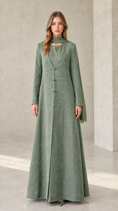 Sage Green textured long sleeve maxi dress with matching scarf