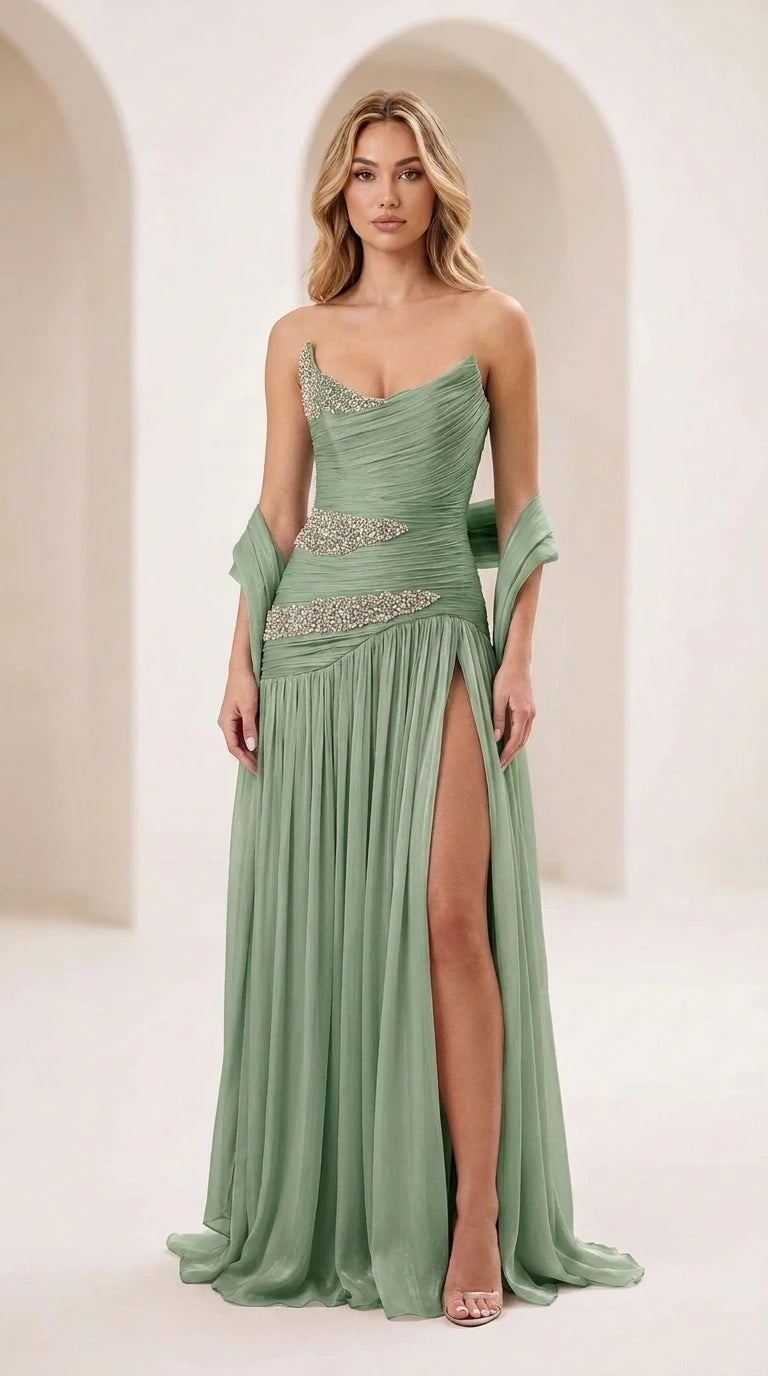 Sage green strapless evening gown front view