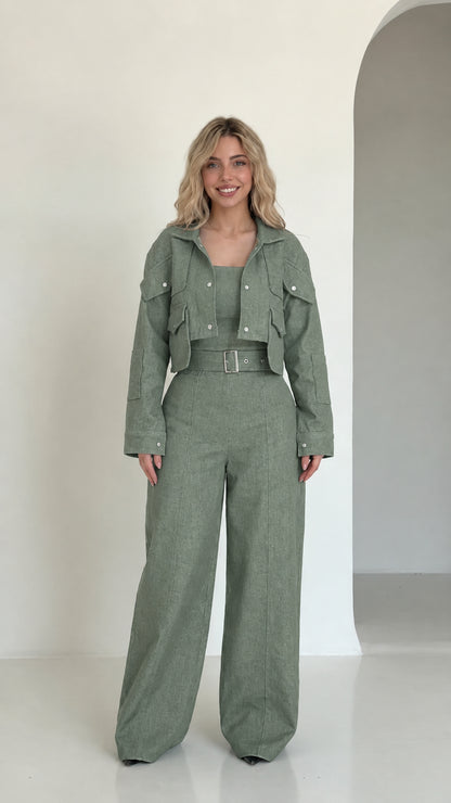 Full front view of sage green cropped utility jacket and wide-leg pant set