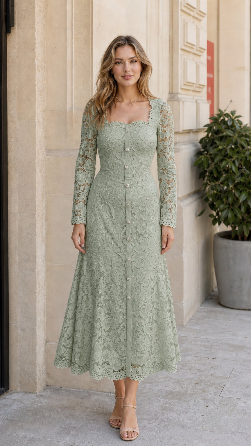 Front view of the floral lace long sleeve midi dress in sage green
