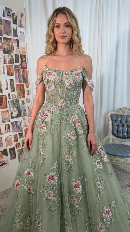 Front view of Sage Green floral embroidered off-the-shoulder gown