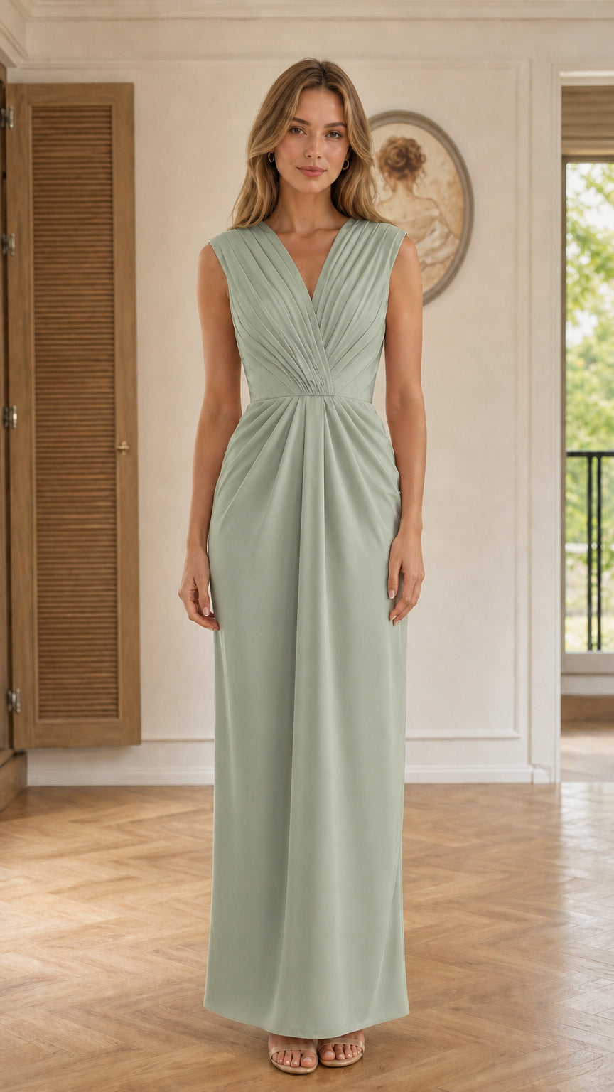 Front view of Sage Green sleeveless pleated V-neck maxi dress