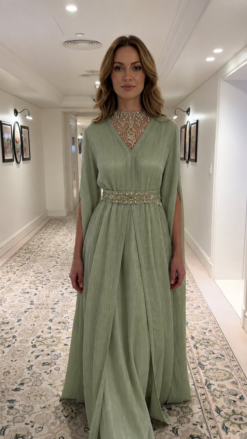 Sage Green pleated cape evening gown with beaded illusion neckline