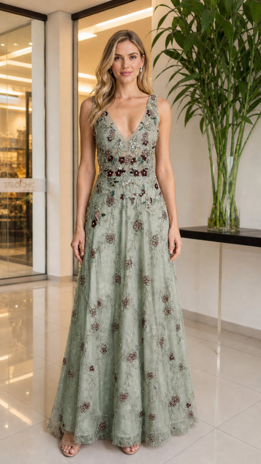 Front view of model wearing sage green evening gown