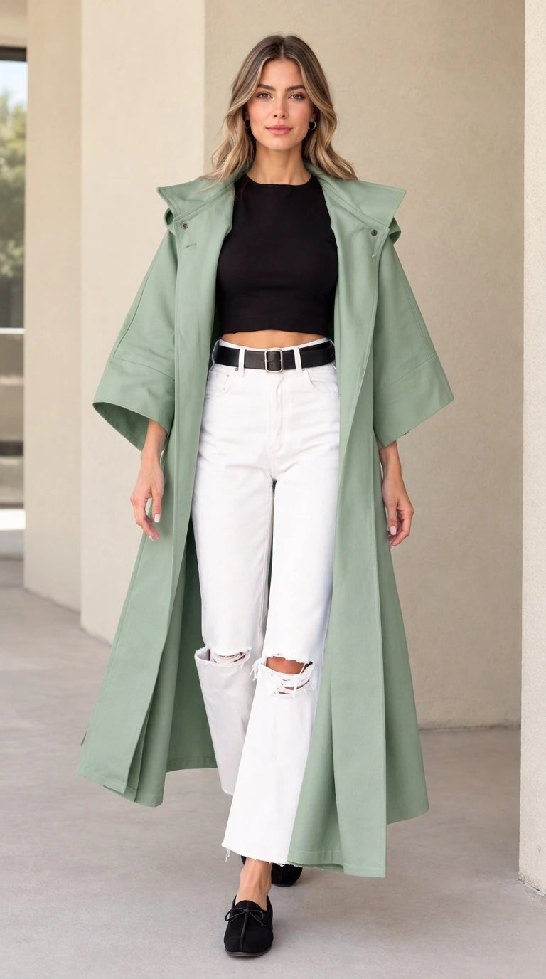 Front view of woman wearing sage green hooded maxi duster coat