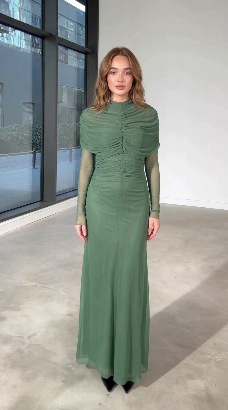 Front view of sage green ruched mock neck mesh sleeve maxi dress
