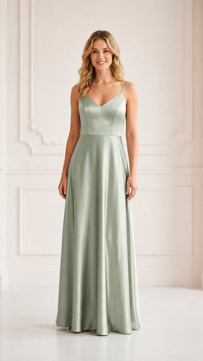 Front view of model wearing sage green satin A-line evening gown