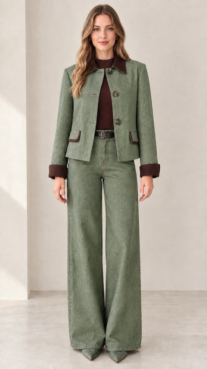 Model wearing Sage Green button-front jacket and matching wide-leg trousers