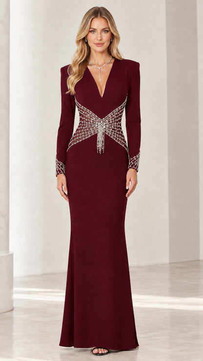 Burgundy long sleeve maxi evening gown with sparkling waist embellishment